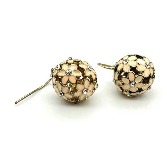 Vintage Pierced Floral Ball Earrings, Dangle Flowers with Enamel and Crystals - Picture 2 of 5